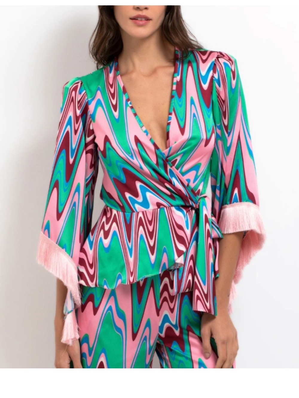 PATBO Intermix Waves abstract print kimono fringe wrap boho top blouse S